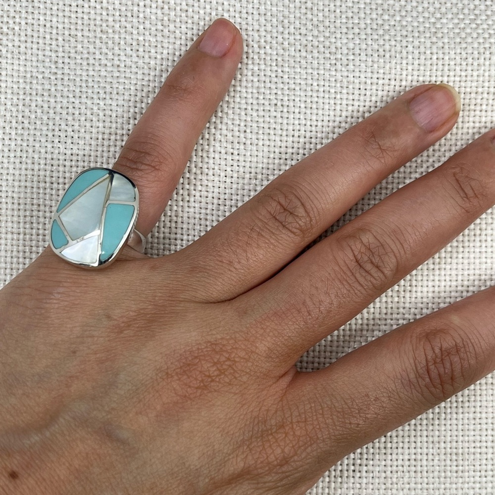 Vintage Thai 925 Sterling Silver Natural Turquoise MOP Inlay Ring Size 6 - Picture 10 of 16